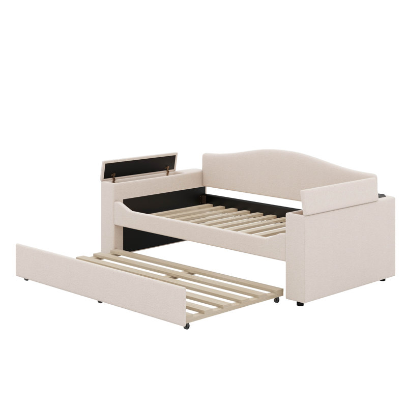 Twin Size Upholstered Daybed With Trundle And Latest Integrated Bluetooth Audio System, Beige