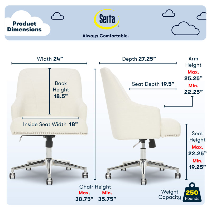 Serta Leighton Mid-Back Office Chair with Chrome Nailheads, Memory Foam Cushion, Padded Armrests, Ivory