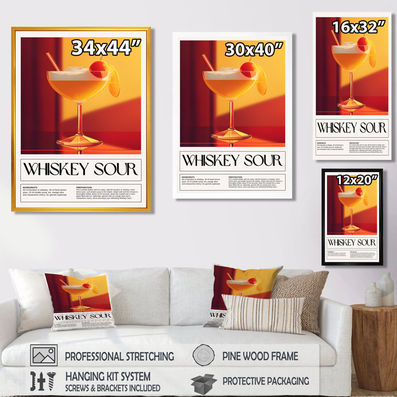 Whiskey Sour Shaken Cocktail - Décoration murale cocktails, Cadre flottant argent, H 32 po x l 16 po