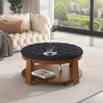 Grande table basse moderne avec repose-pieds rond surdimensionné et capitonné à 2 niveaux avec étagère en bois Table basse rembourrée pour le salon Repose-pieds avec roulettes, lin imperméable