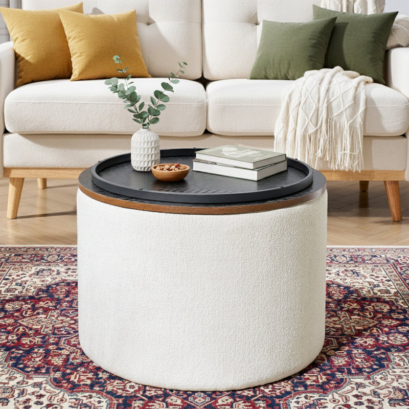 Repose-pieds rond 24 po avec tabouret gigogne et couvercle réversible, chenille, Beige