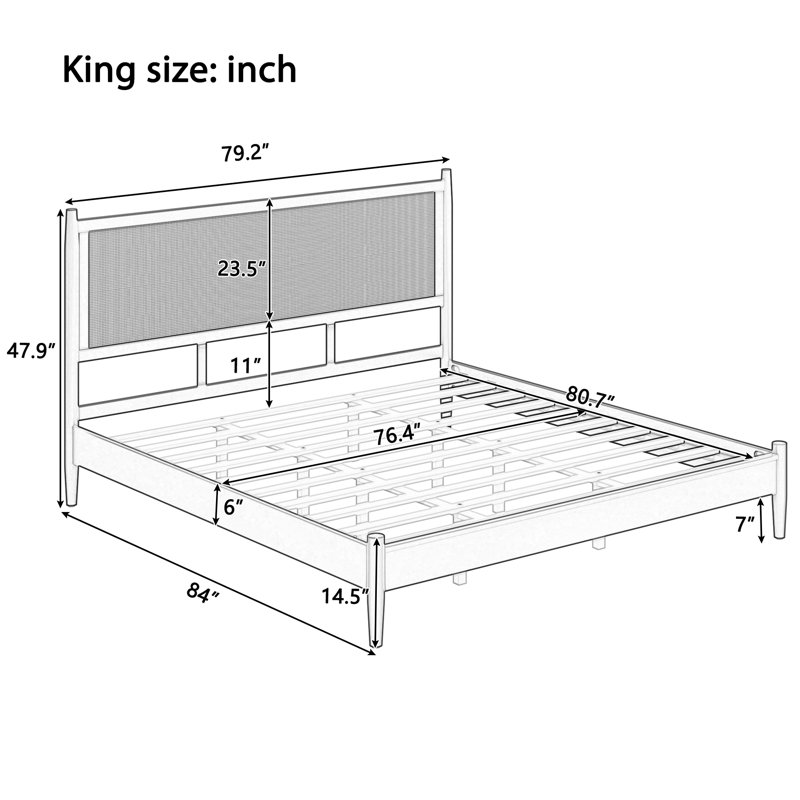 Lit plateforme en rotin King Size avec tête de lit en osier, sommier à lattes en bois, style bohème côtier, sans sommier tapissier, blanc