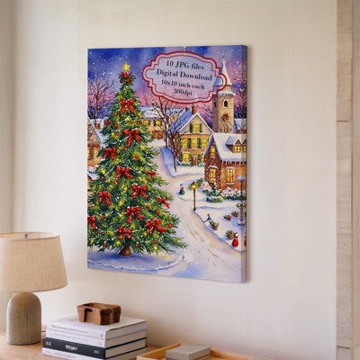 Toile, une charmante scène de village d'hiver au crépuscule avec un grand art mural, arbre de Noël magnifiquement décoré