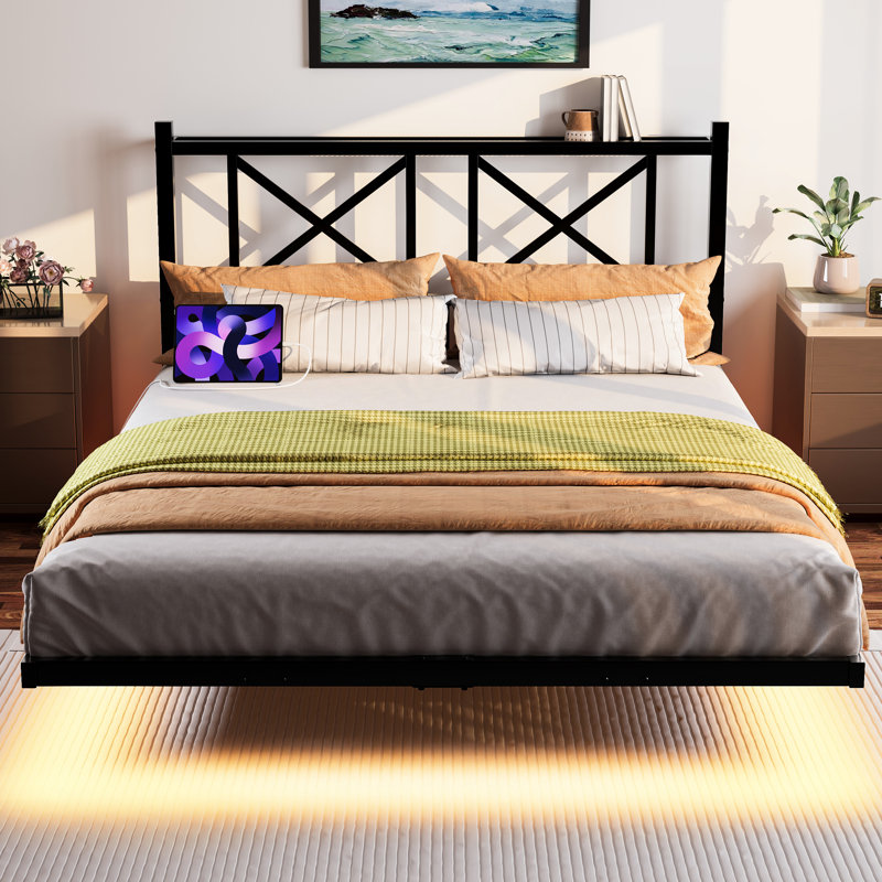 Full Size Platform Bed With Led Lights, Power Sockets, Quick - Setup Assembly Black Queen Frame Headboard, Pattern Selection, No Movement