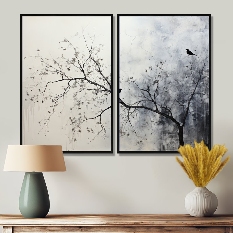 Art mural sur toile, arbres monochromes minimalisme sur une branche II, H 36 po x l 48 po, Noir