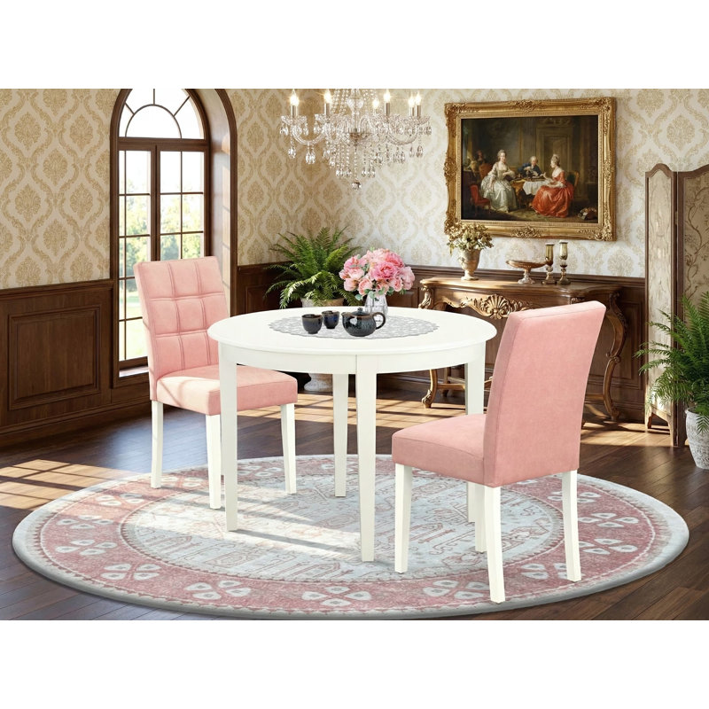 3 Piece Dining Table Set contain A Dining Table and 2 Beige Red Polyester Fabric Dinner Chairs with Stylish Back- Linen White Finish