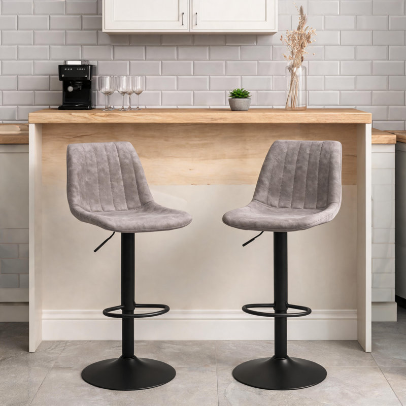 Two-Pack Of Gray Upholstered Height-Adjustable Bar Stools, Featuring A Swivel Design, Backrest, And Footrest; Suitable For Dining, Kitchen, Home, And Small Bar Use.