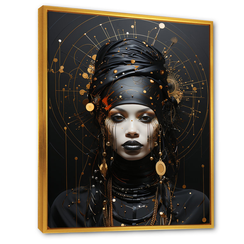 Or africain, élégance dorée et noire - art mural africain, Cadre flottant doré, H 44 po x l 34 po x P 1,5 po