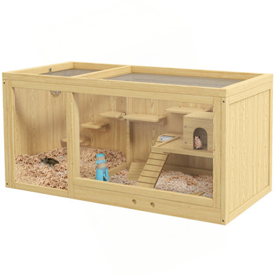 Cage à hamster en bois Pawhut, très grande cage à gerbille, cage multicouche pour petits animaux pour hamster nain, centre d'activités avec plateau coulissant, balançoire à bascule, bouteille d'eau, échelle, plateau ouvert