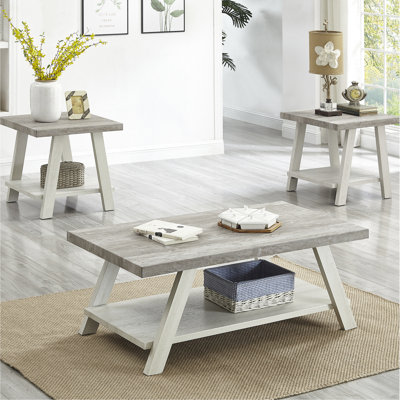 3 Table - Contemporary In Weathered Gray And Beige, Rectangular Tops, Wood Shelf Coffee Table, Extra Storage Shelf, Rack