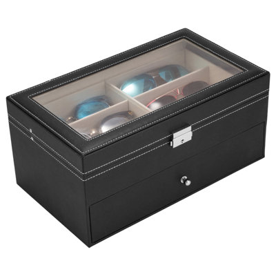 Black Leather 12-Slot Sunglass & Eyeglass Drawer Display Case,Lockable Eyewear Storage Organizer Box for Dresser,Great Gift for Men & Women