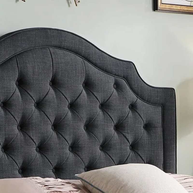 Linen Upholstered Bed with Adjustable Headboard and Button Tufting, Black, Full