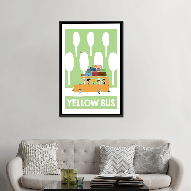 « yellow bus », impression sur toile, Toile avec cadre noir, Pas de tapis, H 48 po x l 32 po x P 1,5 po