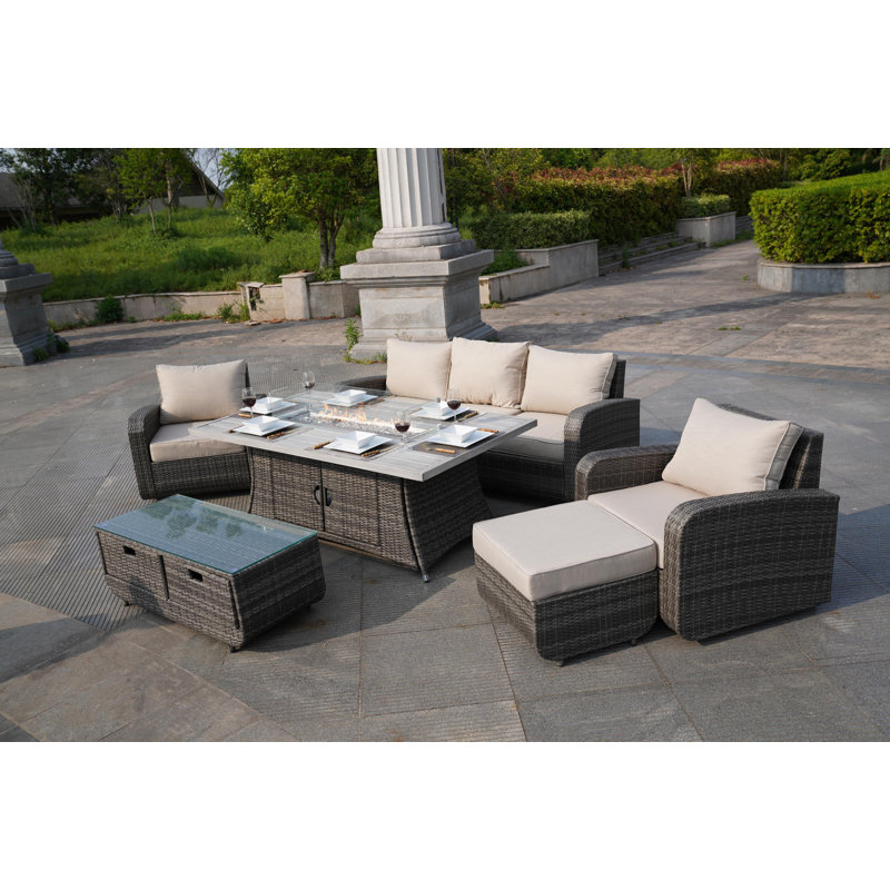 Ensemble de conversation en osier / rotin pour 6 personnes avec coussins Woodbridge, Gris
