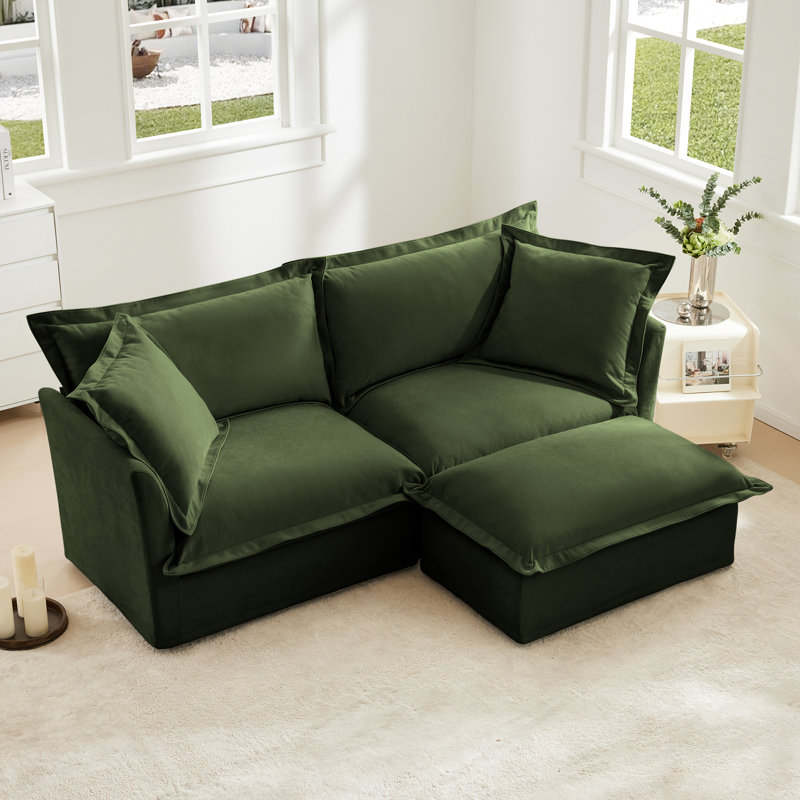Canapé modulaire 2 places avec repose-pieds convertible, canapé en L, tissu chenille, Chenille verte