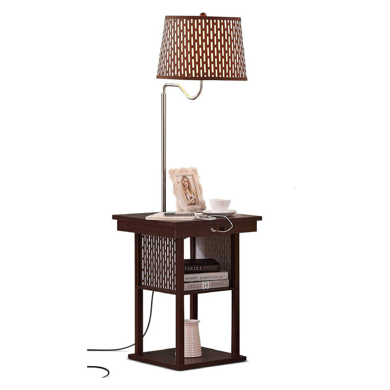 Modern Drum End Table With USB Charging And Ceramic Shade, Brown, Brown