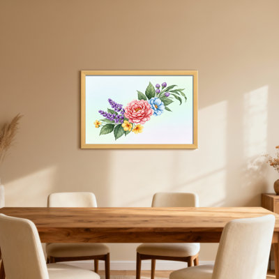 Arrangement floral de plantes et de fleurs avec des fleurs roses, bleues et jaunes
