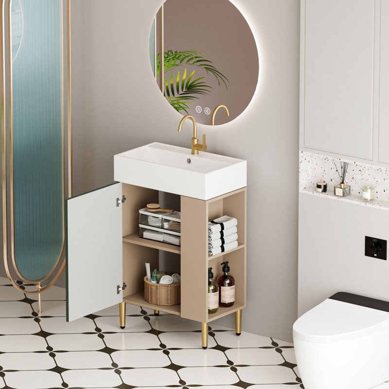Évier de meuble-lavabo de 21,6 po, armoire à motif ondulé, accents en cuivre brossé et lavabo contemporain en céramique facile à entretenir, porte à fermeture en douceur, grand espace de rangement pour l'organisation de la salle de bain