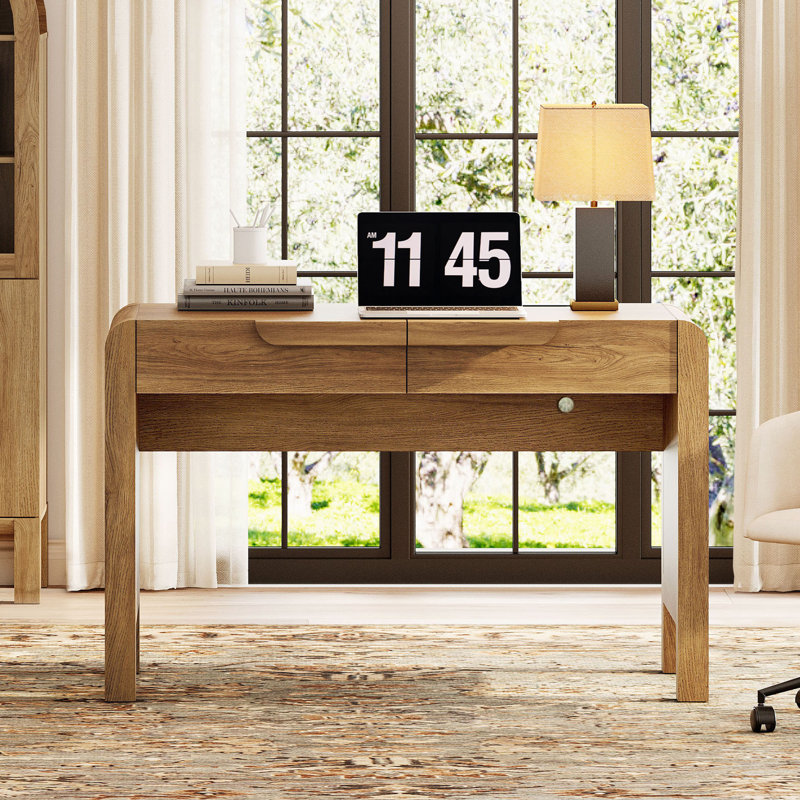 Bureau d'écriture en cascade courbé de 47,2 po de style Mid-Century avec 2 tiroirs, bureau d'ordinateur en bois avec station de charge, bureau pour bureau à domicile