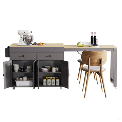 74.5 Inch Kitchen Island With Extendable Dining Table , Rolling Kitchen Island On Wheels With Spice Rack And 2 Drawers, 4 Door Cabinet, For Kitchen, Dining Room