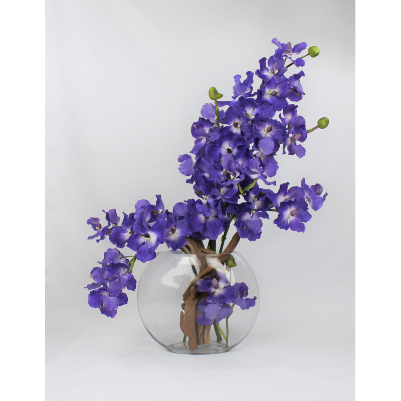 Driftwood and Vanda Orhcis Floral Arrangement in Large Moon Vase, 24" H x 22" W x 8" D