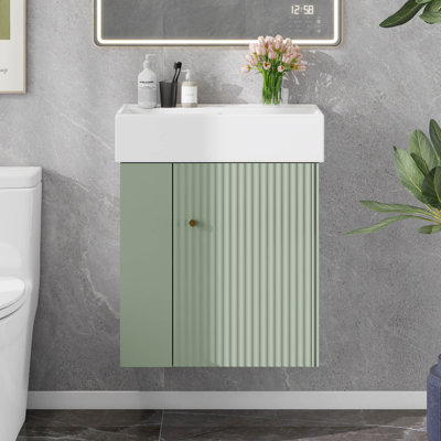 21.6 Inch Floating Bathroom Vanity With Soft-Close Door, Wall Mount Bathroom Vanity With Ceramic Basin, Left Side Storage