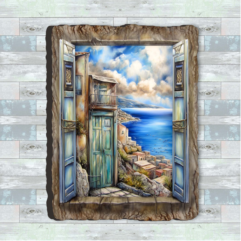 «Coastal View Landscape Window on Wood» par G. DeBrekht, reproduction, H 35 po x l 24 po x P 0,8 po