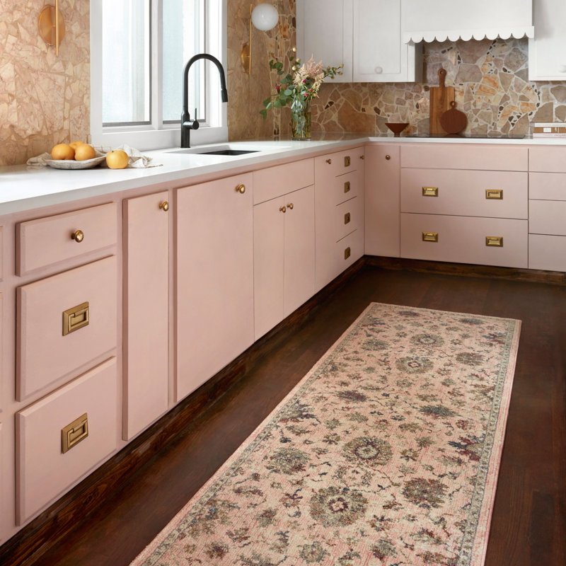 Tapis de couleur rose / brun en laine, Tapis de couloir 2 pi 7 po x 8 pi