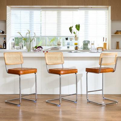 Natural Rattan Bar Stools with Solid Wood Back, 24 Inch Mid Century Modern Counter Height Stools, Brown Faux Leather Upholstery Boho Stool for Kitchen Counter with Chrome Metal Legs