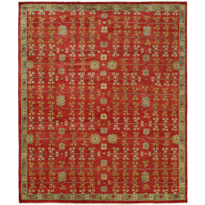 Tapis rouge en laine noué à la main Dontavion, Rectangle 8 pi x 10 pi