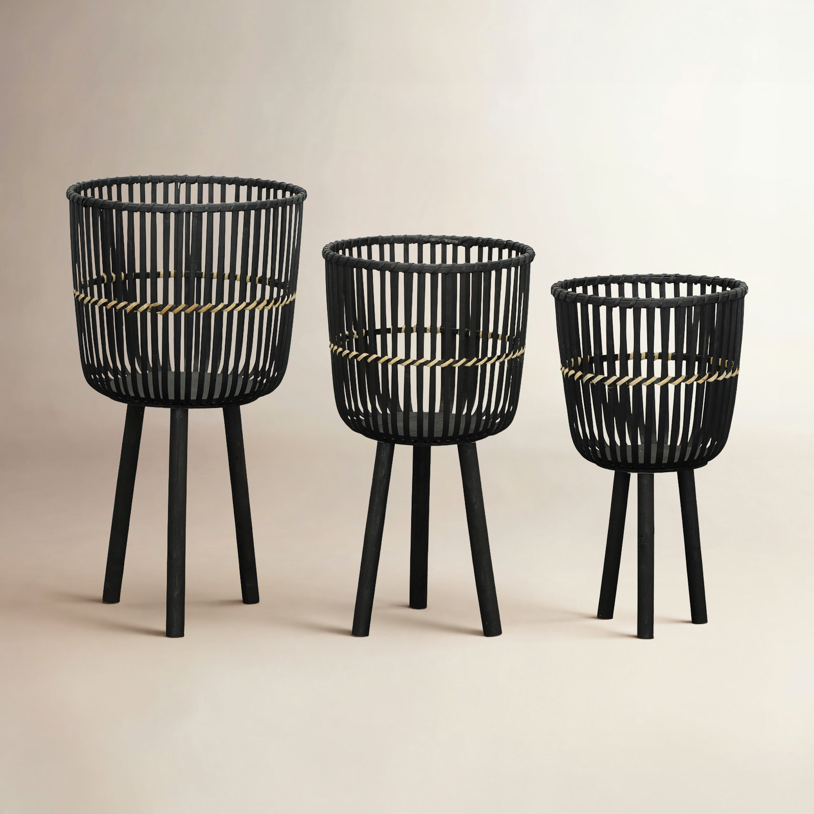 Corette 15" Pot Planter, Black, 26" H x 15" W x 15" D, Set of 3