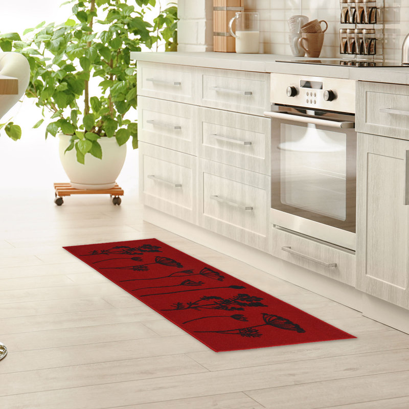 Wildflowers Long Runner Kitchen Mat, Red/Black