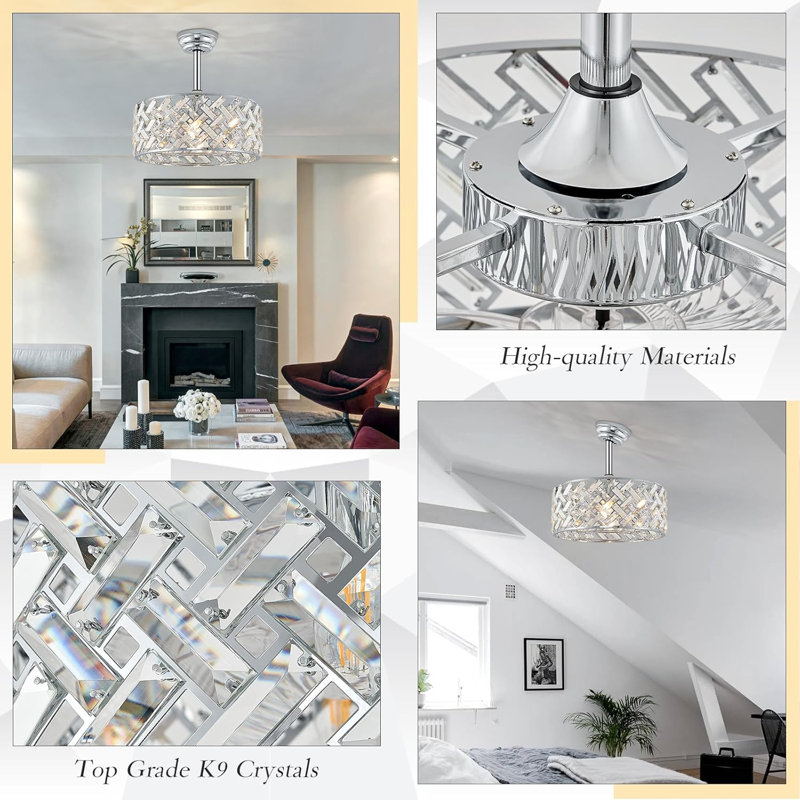 Chrome Crystal Caged Ceiling Fans With Light, 18" Bladeless Ceiling Fan With Remote Control, 6 Speed Enclosed Ceiling Fan With Reversible Motor For Bedroom Kitchen Living Room