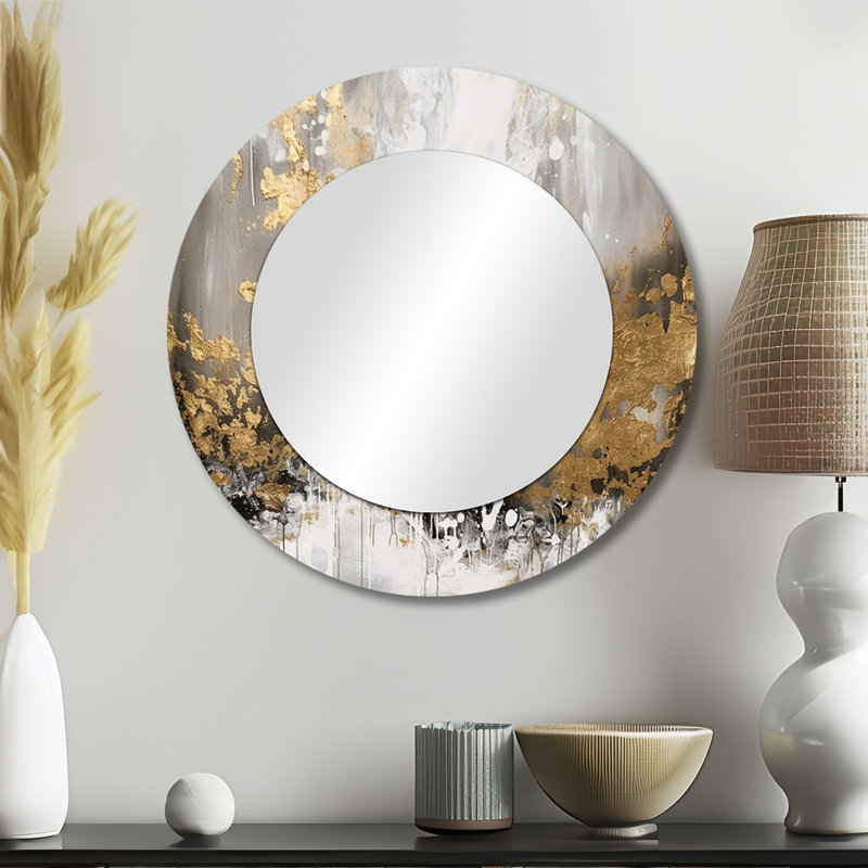 Gold and White Abstract - Abstract Wall Mirror, Modern Round Decorative Mirror, Printed Metal Art, 23" x 23"
