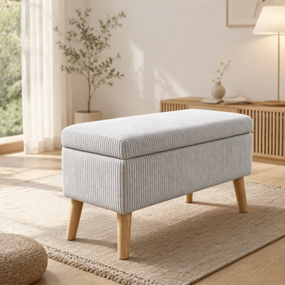 32 inch Wide Olive Beige Corduroy Storage Ottoman Bench with Wooden Legs, Flip-Top Storage Box, Soft Upholstered End of Bed Bench, Footrest & Shoe Bench for Bedroom, Living Room, Entryway