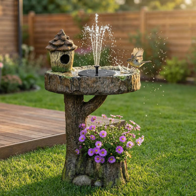 Fontaine de bain d'oiseau à souche d'arbre avec nichoir et jardinière, 28,7 "de hauteur d'eau en résine pour le jardin