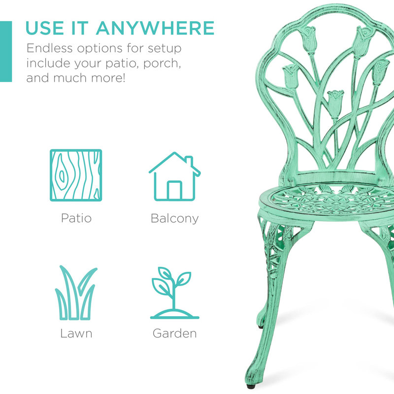 Teal Cast Aluminum Outdoor Bistro Set with Floral Design