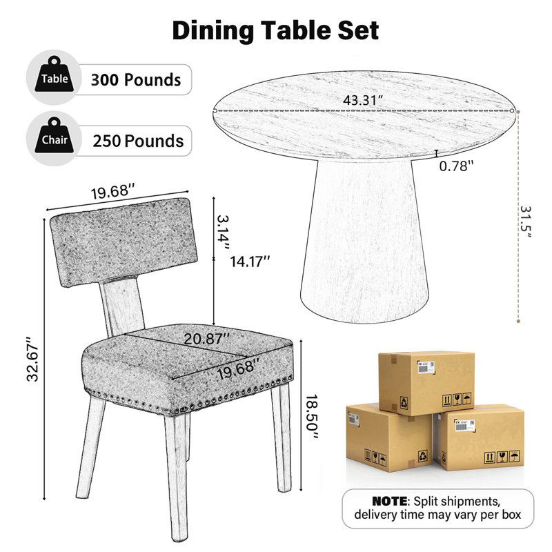 Ensemble de table de salle à manger 43 po avec chaises rembourrées 2/4/6, ferme moderne pour la salle à manger et la cuisine