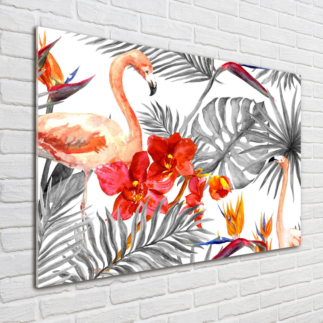 Glasbild Flamingos und Blumen