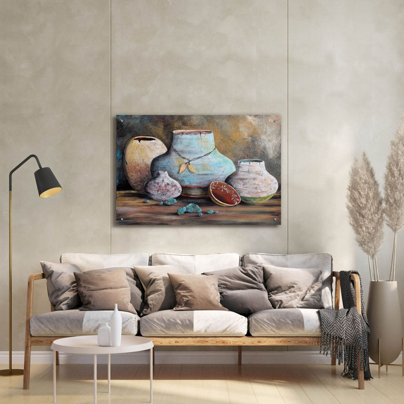 «Clay Pottery Still Life B» par Jean Plout, art mural en verre acrylique, 36 po x 24 po, 36 po x 24 po
