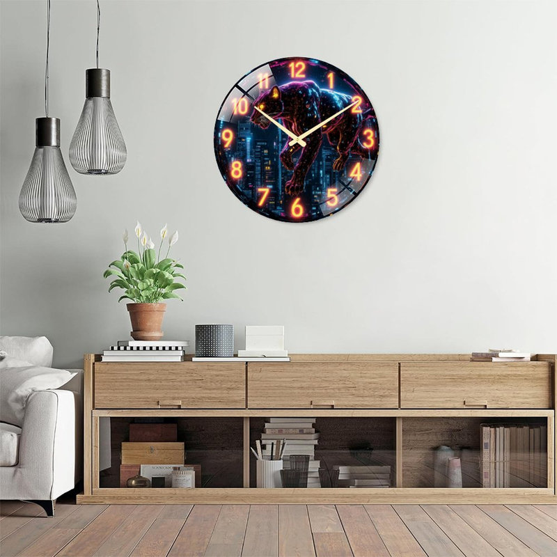 Neon Panther Wall Clock Art - 24‘’ Modern Glass Wall Clock