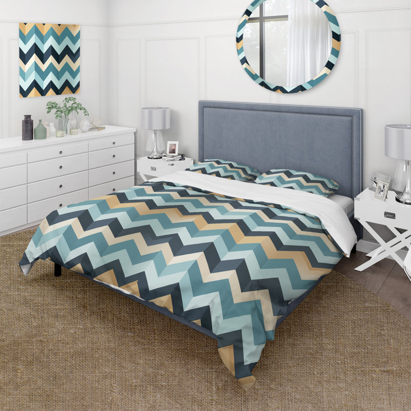 Ensemble de housse de couette à chevrons géométriques bleu et beige - Microfibre polyester