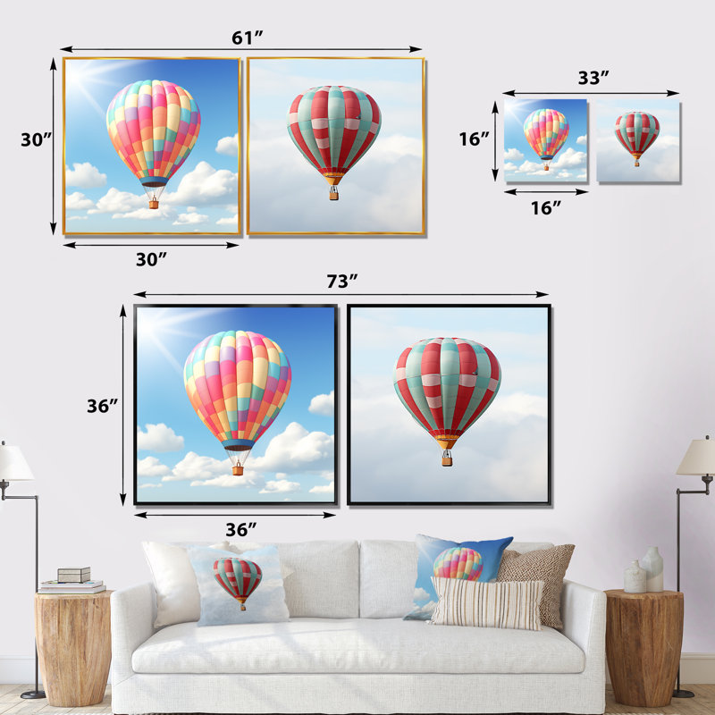 Montgolfière dans le ciel I - ensemble de 2 reproductions d'art montgolfières, Toile tendue, H 30 po x l 61 po x P 1 po