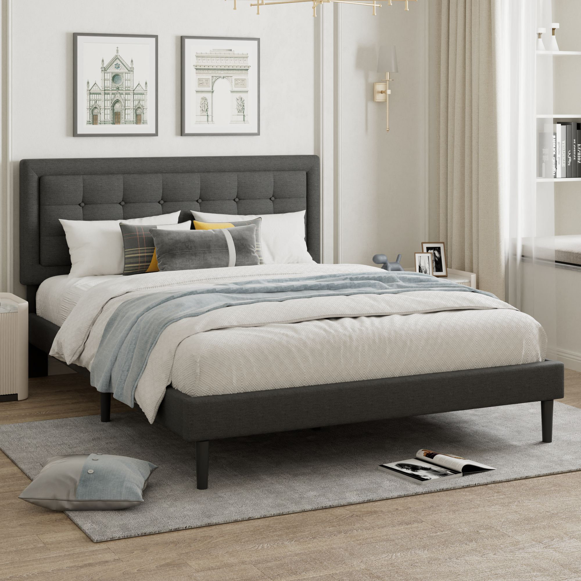 Amolife Queen Size Platform Bed Frame with Headboard and 4 Storage Drawers,  Button Tufted Style, Light Grey, Mattress Not Included