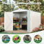 Remise de jardin en métal 8 x 6 pi, toit incliné, imperméable, une fenêtre, deux portes verrouillables, blanc et gris, convient au balcon et à la cour à l'extérieur, facile à assembler