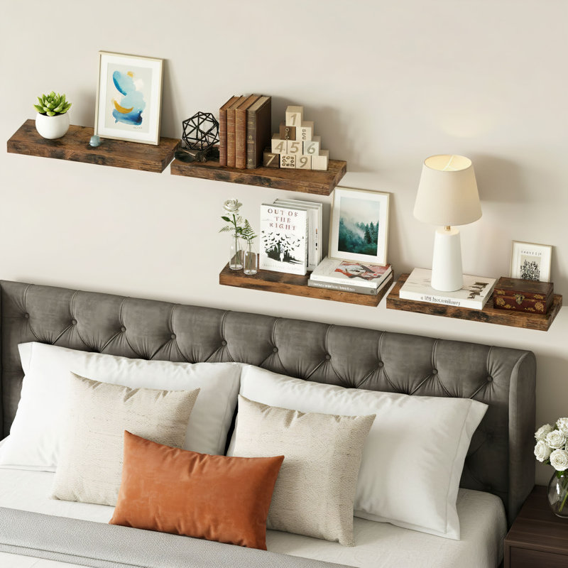 Retro Brown Wall-Mounted Floating Storage Rack, 4-Piece Set. Retro Wood Grain Finish + Concealed Bracket. Wall Decoration And Storage Suitable For Bathroom, Living Room, Bedroom, Kitchen, And Other Scenarios.
