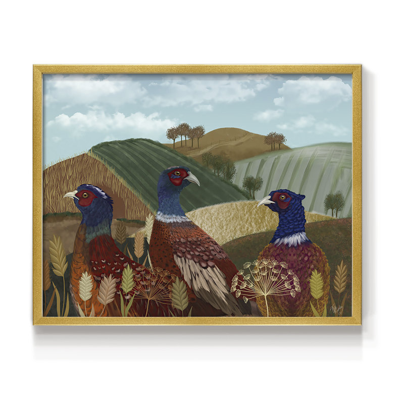 Trio de faisans dans un champ - Reproduction encadrée - Restickable, H 11 po x l 14 po, Or