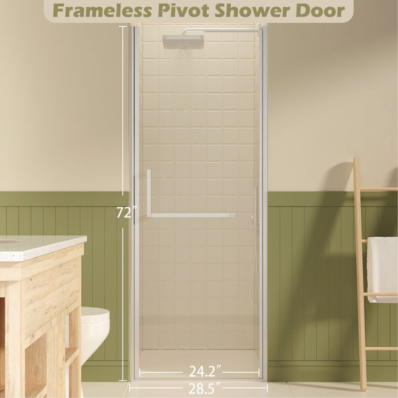 27-28" W x 72" H Frameless Pivot Shower Door, 1/4" SGCC Clear Tempered Glass with Explosion-Proof Film, Reversible Swing Shower Glass Door, Brushed Nickel