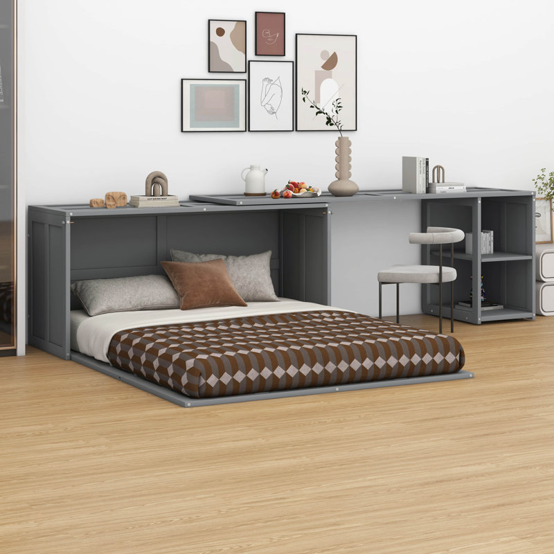 Grand lit escamotable avec bureau rotatif, lit en bois avec armoire et poste de travail, Gris