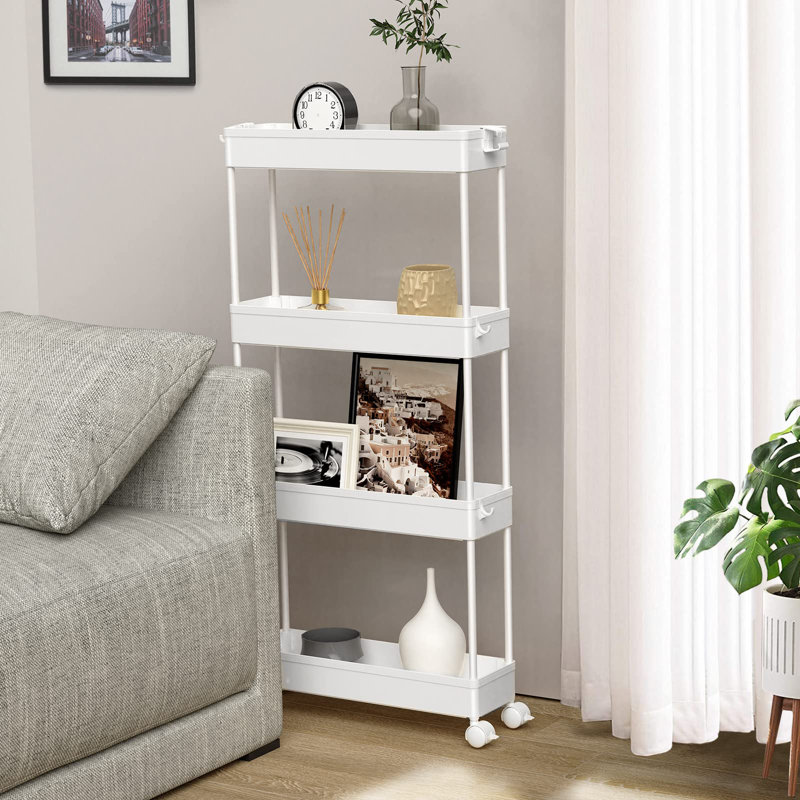 Slim Storage Cart 4 Tier,Bathroom Storage Organizer Rolling Utility Cart, Mobile Shelving Unit Slide Out Storage Cart, White